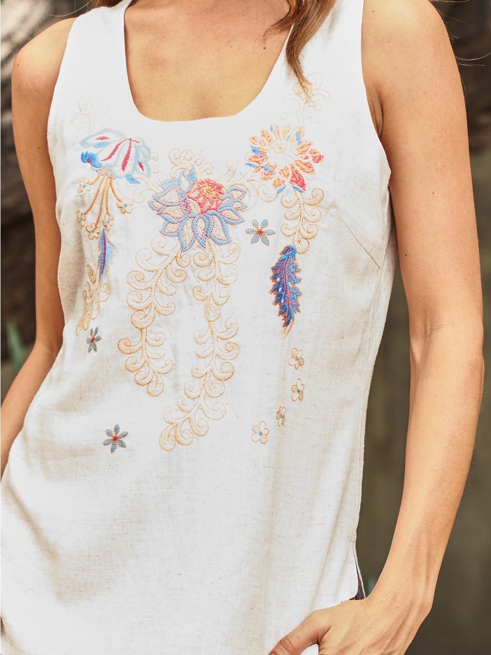 Reversible Oatmeal Linen Tank with Colorful Floral Embroidery